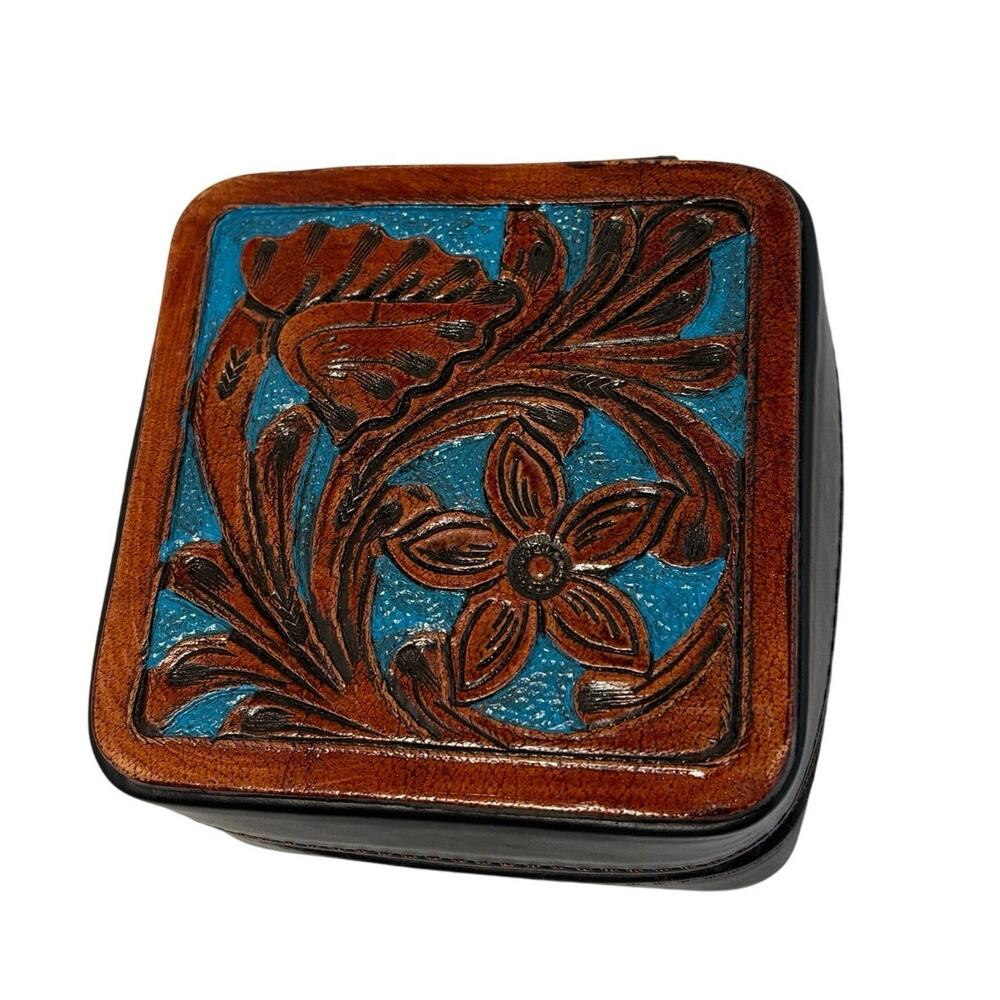 Mini travel jewelry box hand cut tooled leather    Buffalo nickel brown blue